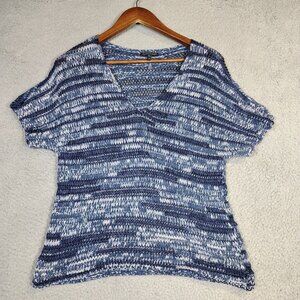 Eileen Fisher Top Women's Medium Blue Striped Crochet Knit V-Neck Coastalcore